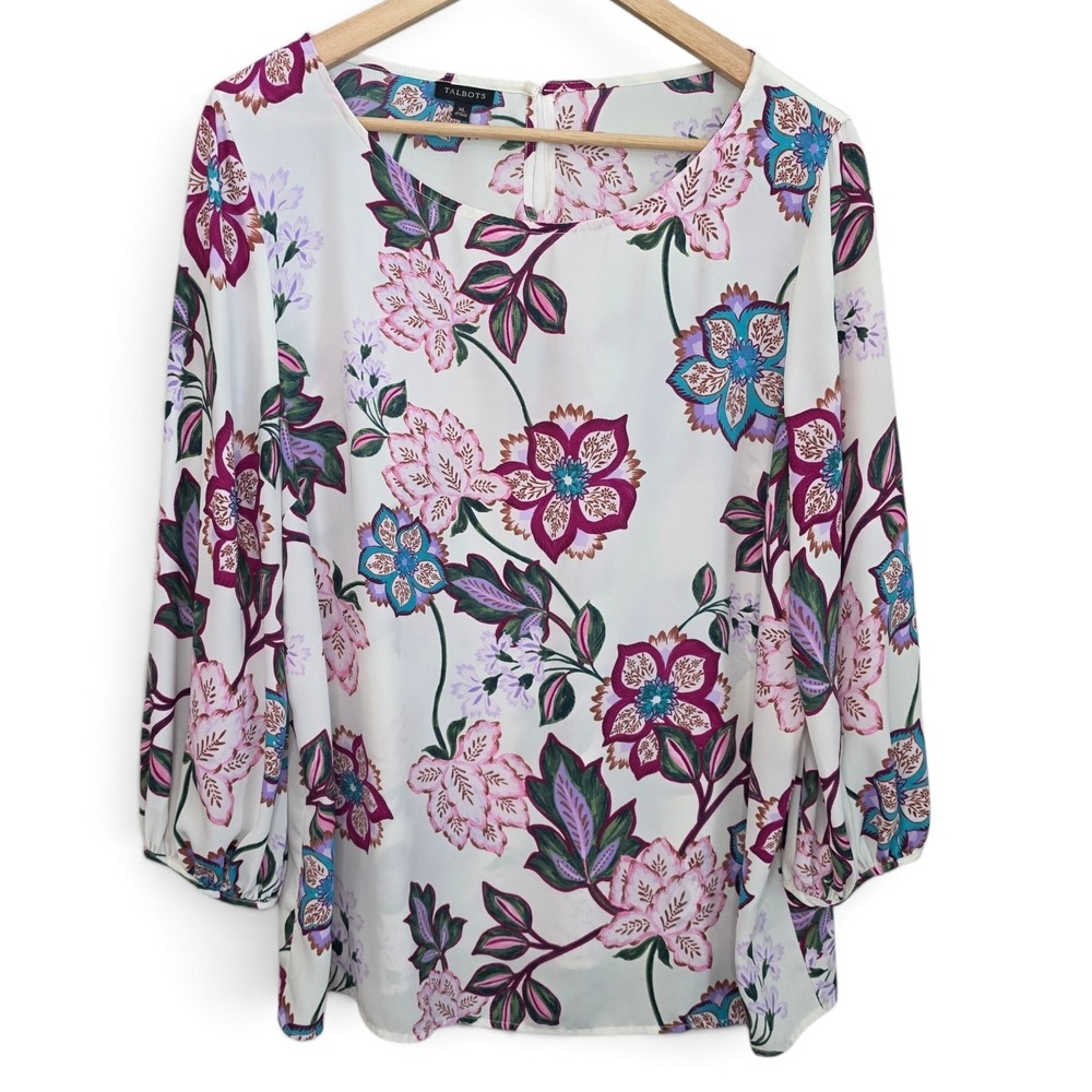 Talbots Blouse Womens XL Ivory Multicolor Floral Print Keyhole 3/4 Sleeve Button